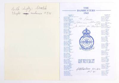 A Dambusters Memorial Plaque Presentation Programme, signed by Dambuster Air Crew Members Johnnie Johnson DFC, and G A Chalmers DFC DFM, together with signature of 617 Squadron Flight Mechanic. - 2