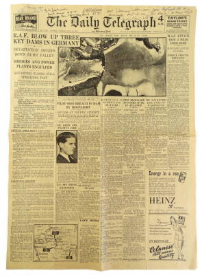 An original front page of the Daily Telegraph dated Tuesday 18th May 1943, illustrating the Dams Raid signed by Dambusters, D.L. Johnson, G Chalmers, E.C. Johnson, Ray Grayston, Dudley Heal, Grant McDonald and Les Munro, plus 617 Squadron Adjutant Harry H