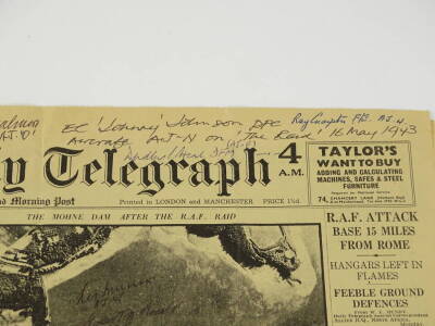 An original front page of the Daily Telegraph dated Tuesday 18th May 1943, illustrating the Dams Raid signed by Dambusters, D.L. Johnson, G Chalmers, E.C. Johnson, Ray Grayston, Dudley Heal, Grant McDonald and Les Munro, plus 617 Squadron Adjutant Harry H - 3