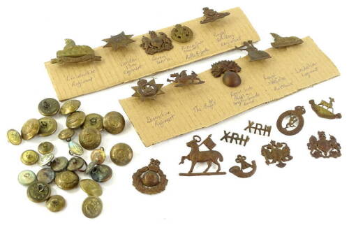 Various George VI Royal Engineers Corps buttons, naval related buttons, badges to include Bedfordshire and Hertfordshire Regiment, Royal Norfolk Britannia, Lincolnshire Regiment, Devonshire Regiment, Royal Artillery Regiment, etc., (a quantity).