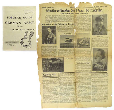 A First World War popular guide to the German Army, published by the War Office 1941, and a German newspaper detailing German First World War Flying Aces, dated 25th November 1934 (2).