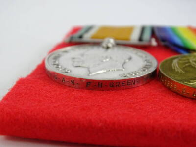 A WWI medal pair, bearing similar marks Francis Henry Green RAF, number 141338, the Campaign medal and the Victory medal. Francis Green was born in Newcastle in 1899, and was a fitter with Armstrong, Whitworth and Company. He enlisted probably as a civili - 2