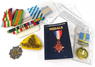 Withdrawn Pre-Sale by Vendor - An 1841-1997 Hong Kong Service medal, with HK Fire Services bar, various medal ribbons, A Valcartier Camp 1914 medal, incomplete, a Fifth London R.F.A. Brigade cap badge, etc.