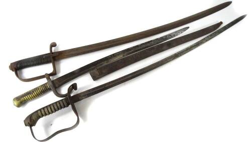 Two 19thC swords, each with a curved blade, one with a shagreen handle, the other leather and metal wire, lacking scabbards, and a bayonet, with brass handle and scabbard, 70cm long etc. (3)