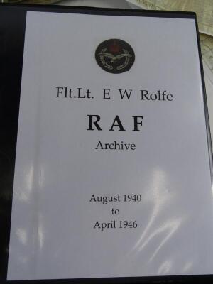Flight Lieutenant E W Rolfe. RAF Service no. 157425, 20.5.1920 - 03.08.2007. An extensive record of WWII Service including pilot's log book, medals, Dog Tags, RAF Brevet and US Silver Wings, raid maps, service record, photograph albums, documents. Comp - 3