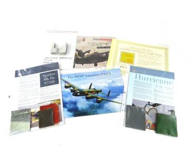 Aircraft Restoration Mementos, comprising metalwork or Doped Linen from BBMF Lancaster PA474, Cosford Wellington MF628, De Havilland Prototype Mosquito W4050 (all certificated) plus BBMF Lancaster PA474, Spitfire P7350 and Hurricane PZ865 authenticated by