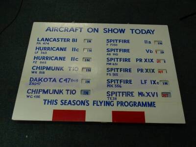 The Pre 1993 BBMF Aircraft On Show Today marker board, noting which aircraft were in or out of hanger, 89cm x 120cm. - 2