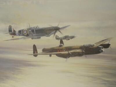 Robert Taylor. Memorial Flight, signed colour print, signed by Leonard Cheshire, Johnny Johnson, Peter Townsend, plate size 36cm x 56cm, framed and glazed.