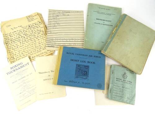 Various items for A W Brown, RAF Service no. 953318, comprising of sight logbook, meteorology book, notebook/diary, letters and sundries.