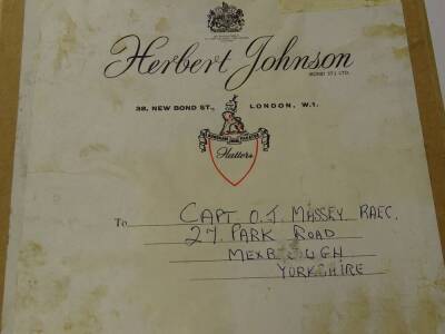 An RAEC peak cap, with braided peak, boxed, by Herbert Johnson of London, delivered to Captain O J Massey, 27 Park Road, Mexborough, Yorkshire, 1969. - 2