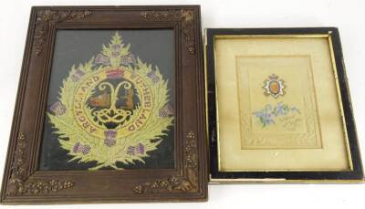 An Argyll and Sutherland regimental needlework motto sampler, 25cm x 25cm, and a cellulose memorial card, both framed.