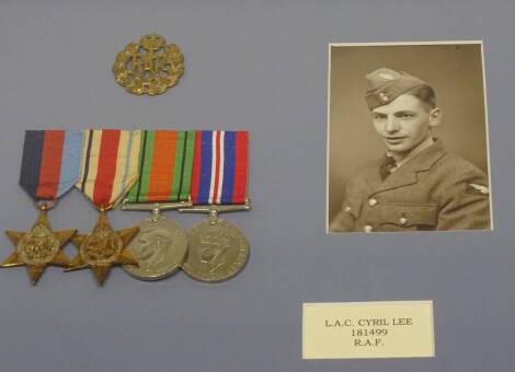 A display of medals and cap badge relating to L A C Cyril Lee 18149 RAF, framed and glazed.