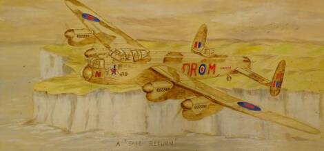 V Green. Safe Return, Avro Lancaster EE176, Mickey The Moocher, oil on birch panel, signed and titled verso, 30cm x 60cm.