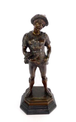 Leboeuf (French, late 19thC). Bronze figure of a man, modelled standing in Renaissance costume, on a canted rectangular base, signed, serial number verso 6513, on a stepped ebonised socle base, 56cm H.