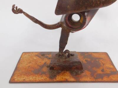 Andrew Thompson (British, 20th/21stC). A wrought iron sculpture of a pelican, modelled standing with a leg raised, raised on a rectangular base, signed and dated to base 2017, 33.5cm H, 43cm W. - 3