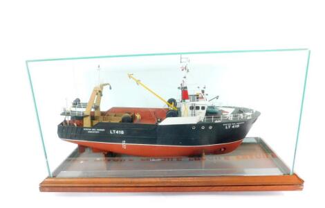 A scale model of The Boston Sea Harrier fishing trawler, LT418, registered in Lowerstoft, perspex cased, boat 72cm W.