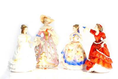 Three Royal Doulton figures, two boxed, modelled as Angela, HN3690, Pauline, HN3643, and Rosemary, HN3691, together with a Victoria and Albert Museum porcelain figure of an Eighteenth Century lady, no.A7268. (4)