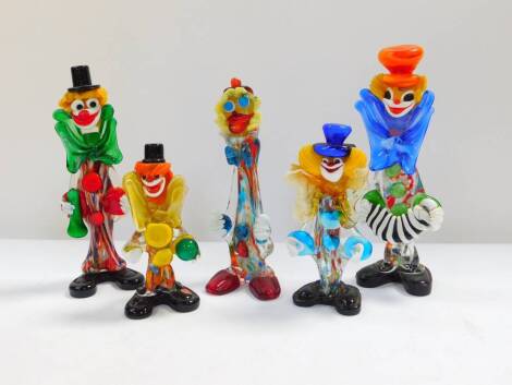 Five Murano glass figures of clowns, each modelled in the standing pose, some holding musical instruments, 19.5cm-29.5cm.