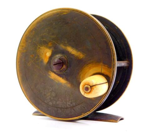 A Charles Farlow brass 3 1/2" salmon fly fishing reel, engraved Charles Farlow Makers 191, Strand London, cased.