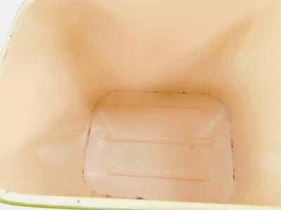 A mid 20thC enamel twin handled bread bin and cover, cream with green handles, 31cmH, 40cm W, 25cm D. - 4