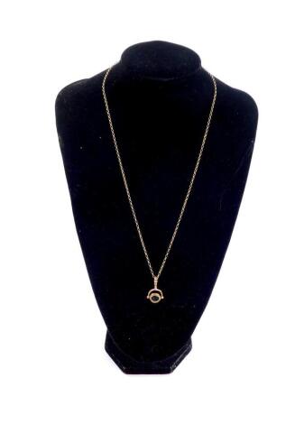 A 9ct gold and triple hard stone swivel fob, on a belcher link neck chain, 9.3g.