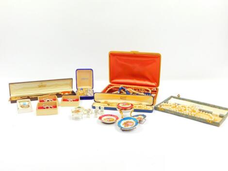 Costume jewellery, including crystal set brooches, simulated pearls, earrings, and marcasite brooches, Limoges porcelain miniatures, etc. (qty)