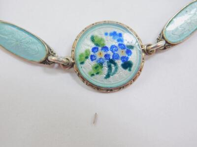 A Norwegian silver and turquoise guilloche enamel bracelet, the central round link painted with flowers, on a bolt ring clasp with safety chain as fitted, stamped NE and horseshoe mark. - 2