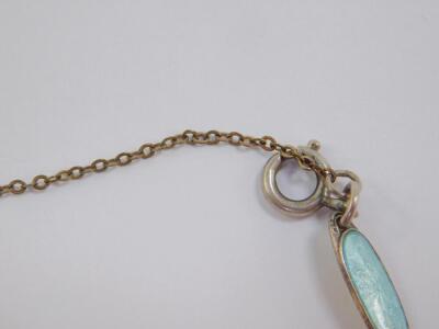 A Norwegian silver and turquoise guilloche enamel bracelet, the central round link painted with flowers, on a bolt ring clasp with safety chain as fitted, stamped NE and horseshoe mark. - 3