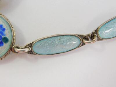 A Norwegian silver and turquoise guilloche enamel bracelet, the central round link painted with flowers, on a bolt ring clasp with safety chain as fitted, stamped NE and horseshoe mark. - 4