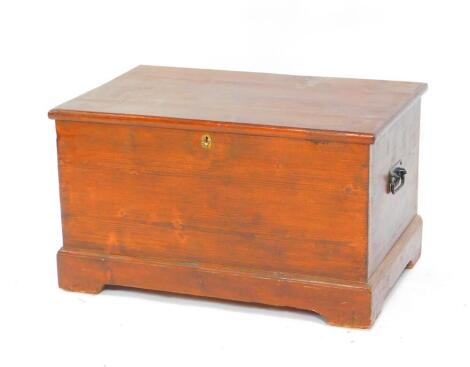 A Victorian stained pine blanket chest, with iron hinges and later lock plate, raised on a bracket feet base, 78cm W, 51.5cm D, 45.5cm H.