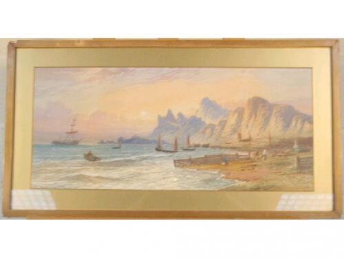 Lxxx Lewis. (19thC). Coastal scene with figures and shipping