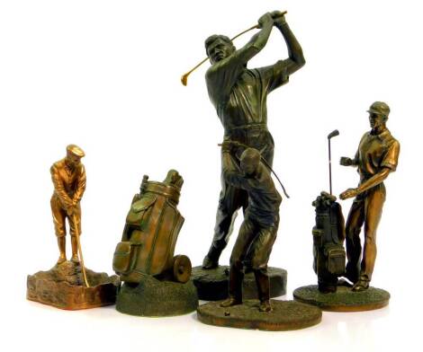 Five bronzed plaster golfing sculptures, comprising a golfer taking a swing, 33cm H, golfer with caddy, 23cm H, golfer concentrating on the ball, 18cm H, golfer about to putt a ball, 18cm H, and a caddy bag, 14cm H.