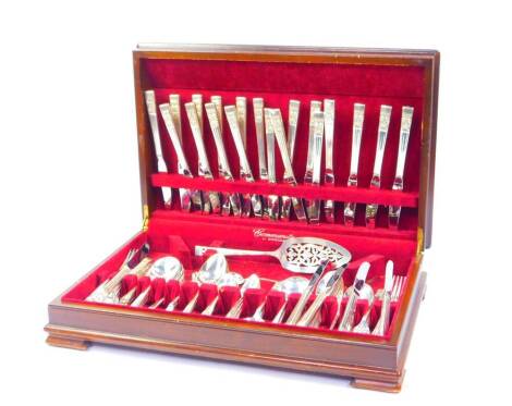 An Oneida Community silver plated canteen of cutlery decorated in the Coronation pattern, walnut cased.