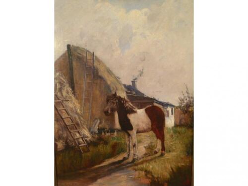 H.J.S. (19thC School). skewbald pony in a farmyard