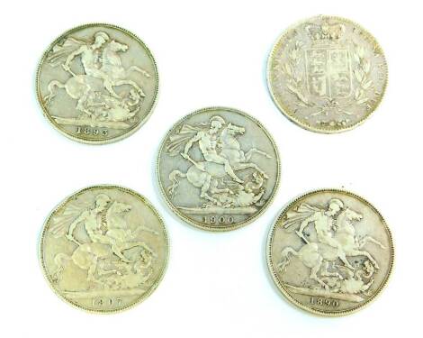 Five silver Queen Victoria crowns, young head 1845, 1890, 1893, 1897 and 1900