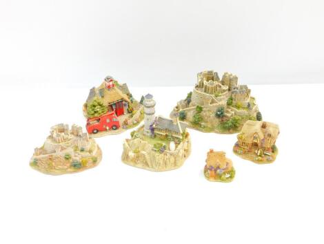 Six Lilliput Lane sculptures, boxed, comprising Fireman's Watch, L263, Edinburgh Castle, L2537 & L2247, Lundy Lighthouse, Illuminated Cottage, L2609, The Chocolate Box, L2585 and Dream Catchers L2439.