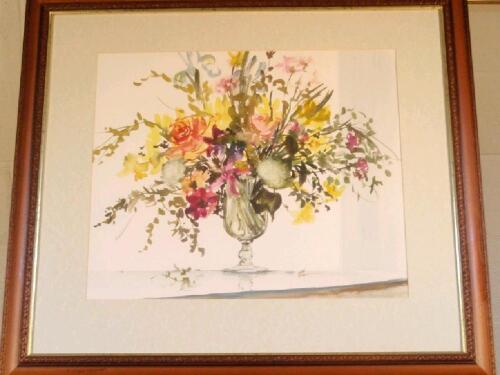 Celia K Russell (b1943). ARR. Still life of summer flowers in a glass vase