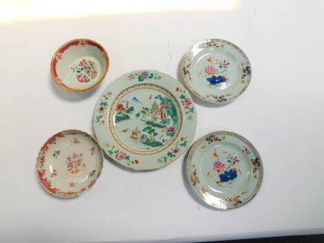 A group of Chinese export porcelain, 18thC and later, including a famile rose plate painted within a border of flowers, 22.5cm W, two plates painted with flowers 16.5cm W and two dishes similarly decorated. (5, AF)