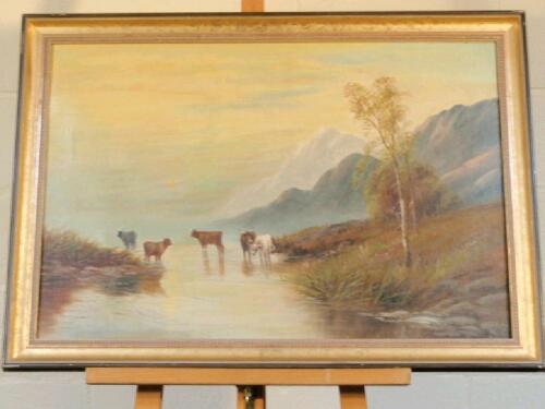 Jxxx Joxxx (20thC). Watering cattle in a misty Scottish landscape