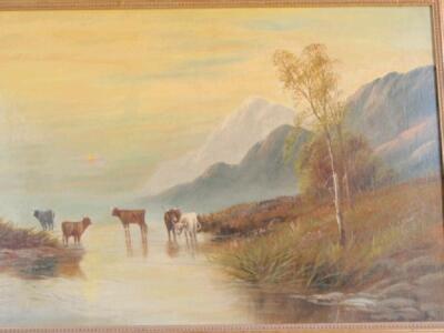 Jxxx Joxxx (20thC). Watering cattle in a misty Scottish landscape - 2