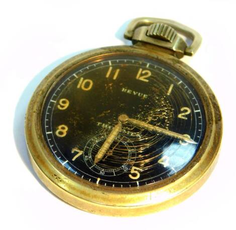A Revue Thommen mid 20thC pocket watch, possibly German military issue, open faced, key less wind, black diamond bearing Arabic numerals, subsidiary seconds dial, cased back numbered 3277093.