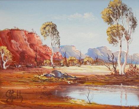 Henk Gerrit Guth (1921-). The Mac Donnell Ranges, oil on canvas, signed, attributed signed and dated 1991 verso, 18.5cm x 24cm.