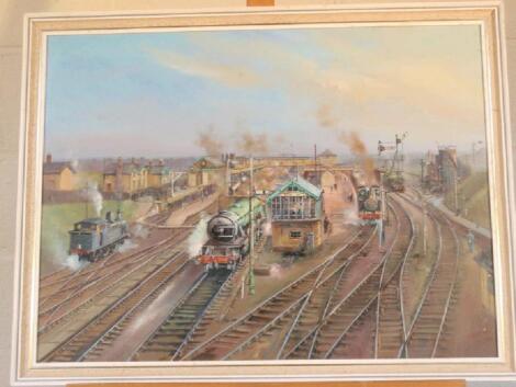 Pxxx Bradshaw (20thC). Midlands Railway Station with steam locomotives