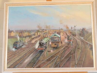 Pxxx Bradshaw (20thC). Midlands Railway Station with steam locomotives