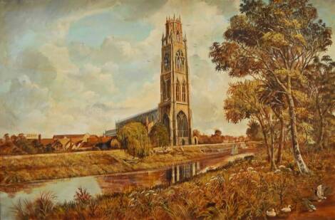 English School (20thC). Boston Stump, oil on canvas, signed and dated indistinctly, 59cm x 90cm