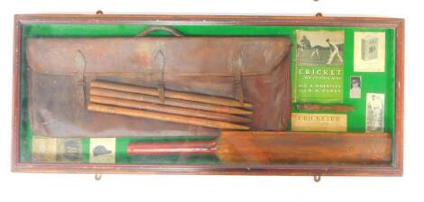 A cricketing montage, glazed and cased for wall mounting, including a cricket bat and stumps, a leather case and printed ephemera, 43cm H, 106cm W.