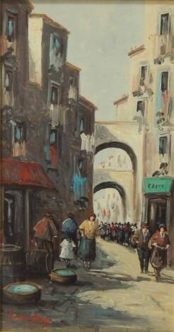 Italian School (20thC). Street scene with figures, oil on canvas, signed indistinctly, 43cm x 23cm.