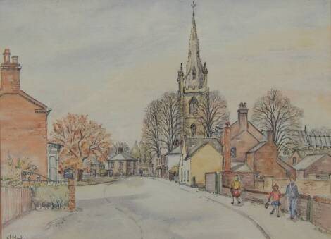 J P Halgarth (British, 20thC). Moulton near Spalding, Lincolnshire, ink and watercolour, signed, 28cm x 38cm.
