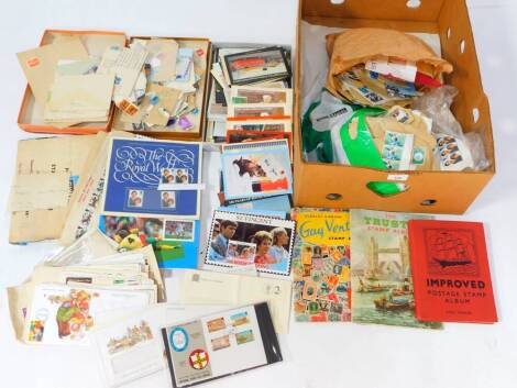 Philately. GB and World stamps, ostensively mid to late 20thC, in three stamp albums, stock books, and loose, together with Royal commemoratives, first day covers, postcards, stamp hinges, etc. (quantity)