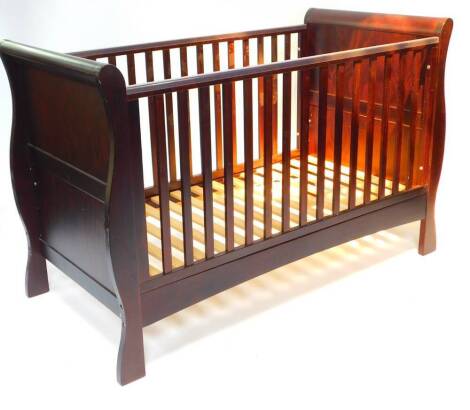 A Bailey mahogany sleigh cot bed, serial CHU01 10/12/2012, 100cm H, 156cm W, 76cm D.